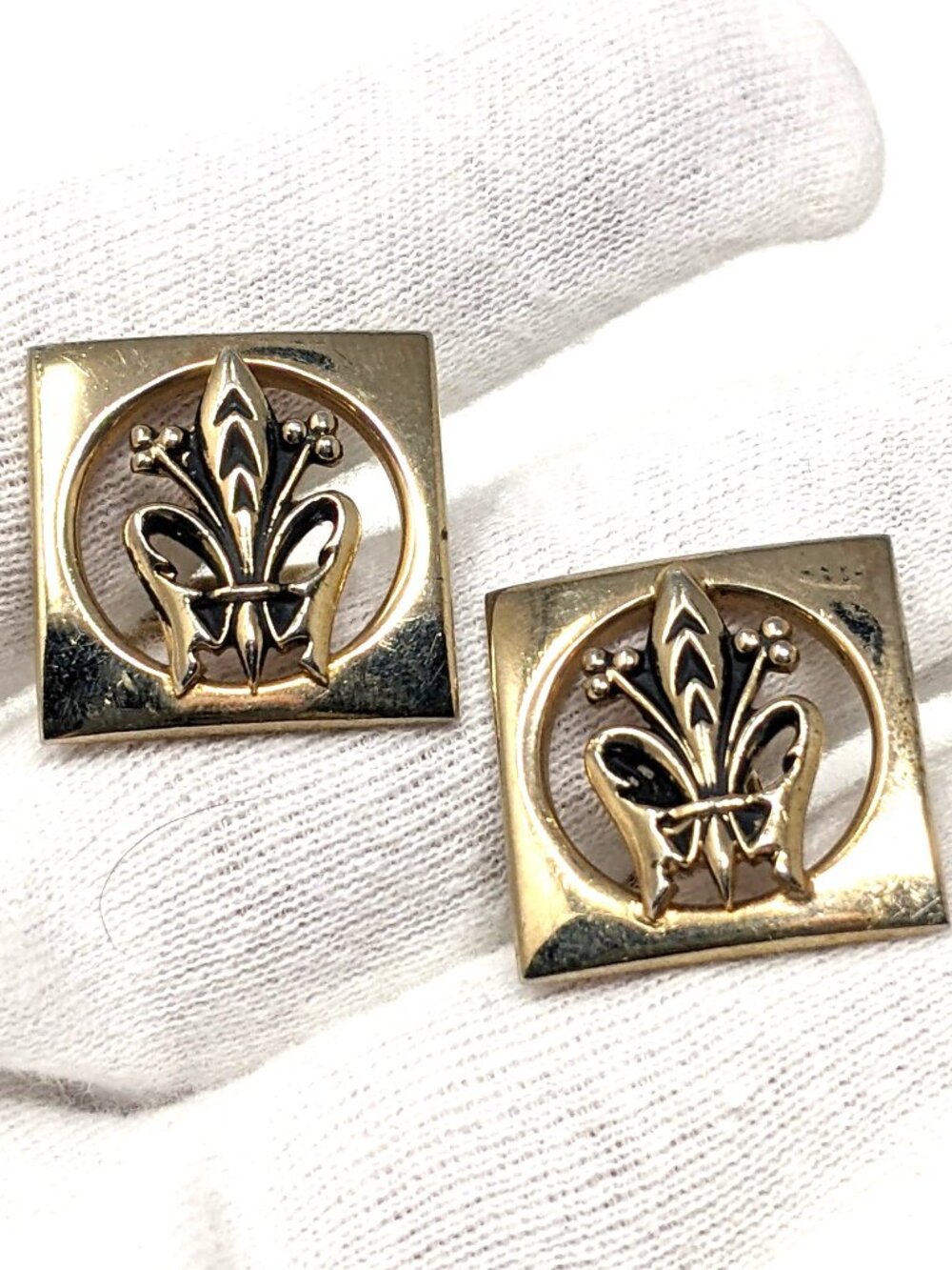 SWANK Vtg Fleur De Lis cufflinks gold tone black Laser Cut Boy Scouts Saints